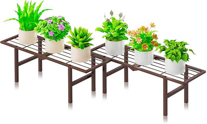 2 Pack Metal Plant Stand Outdoor Indoor, 1 Tier Folding Tiered Flower Plant Shelf, Heavy Duty Ladder Multiple Pot Display Plant Rack for Patio Garden Balcony Windowsills, Brown