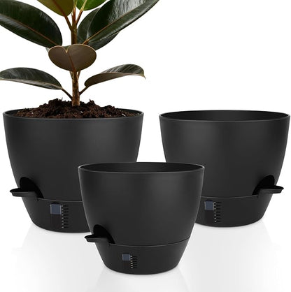 Self-Watering Plant Pots with Water Level Indicator, Drainage Holes & Saucers – 12/10/9 Inch Large Plastic Planter Set for Indoor & Outdoor Plants (Pure Black)