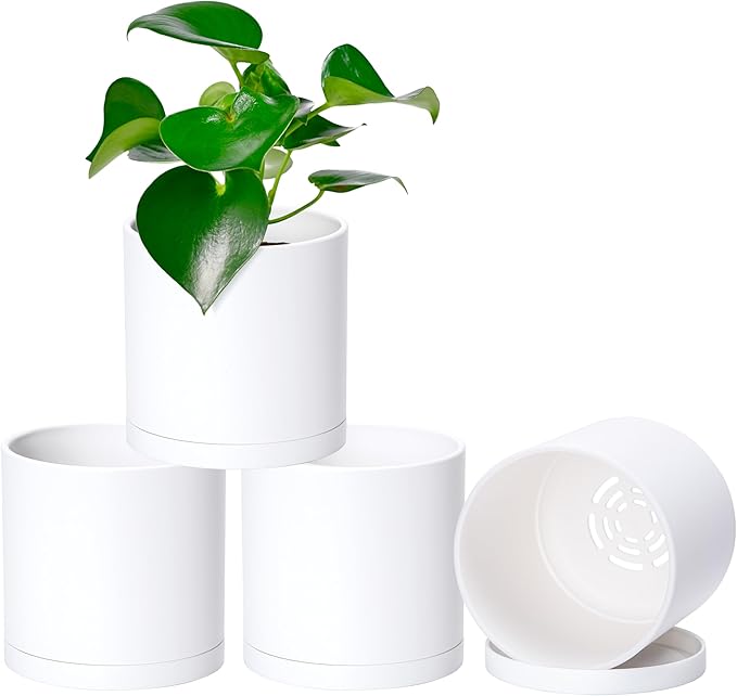 Planter Pots Set of 4, 5 Inch White Matte Plastic with Saucers
