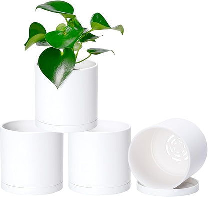 Planter Pots Set of 4, 5 Inch White Matte Plastic with Saucers