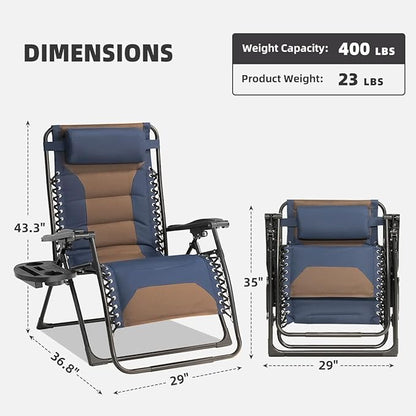 Zero Gravity Chair Set of 2 Oversized Padded Recliner with Adjustable Headrest & Cup Holder - 600D Oxford Folding Lounge Chair for Outdoor Camping, Patio, Poolside (Brown & Blue)