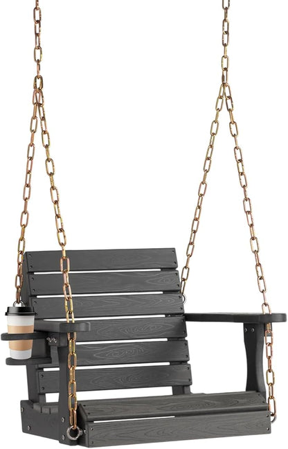 VINGLI Heavy Duty 880 LBS HDPE Porch Swing Outdoor with Rotatable Cup Holder, with Adjustable Chains, 1 Person Hanging Porch Swing Chair for Porch, Yard, Tree, Garden - Grey