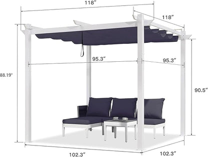 PURPLE LEAF 10' x 10' Outdoor Aluminum Pergola White Heavy-Duty Retractable Patio Metal Pergola with Double Sun Shade Canopy for Backyard Gardens Deck, Navy Blue
