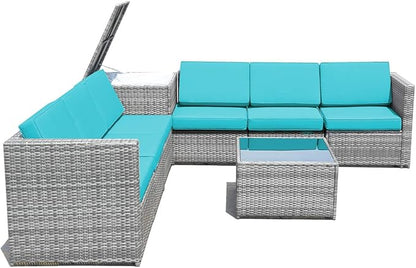 Tangkula 8 Pieces Wicker Patio Furniture Set with Storage Deck Box, PE Rattan Outdoor Sectional Conversation Set with Coffee Table & Cushions, Outside Furniture for Garden Yard Poolside (Turquoise)