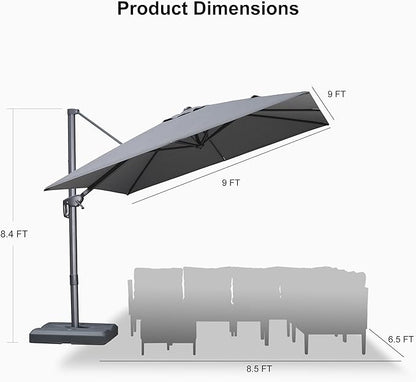 PURPLE LEAF 9 FT Cantilever Patio Umbrella with Base Outdoor Aluminum Offset Square Umbrella with 3 Years Fade Resistance Recycled Fabric and 360-degree Rotation for Deck Pool Garden, Mist Grey