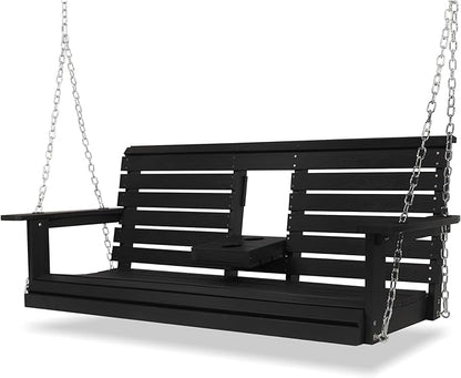 Poly Lumber 3-Seat Porch Swing, HIPS 5-Feet Bench Swing with Foldable Cup Holders,18/8 Stainless Steel Hardware, High Backrest and Deep Contoured Seat, Carbon Black