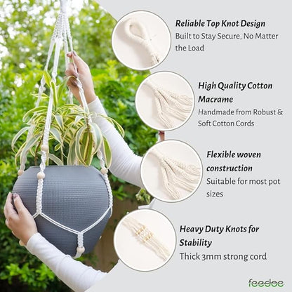 feedee Macrame Plant Hanger, Hanging Planters for Indoor Plants Holder with Wood Beads, Hanging Plant Holder for Indoor Outdoor, Gifts for Plant Lovers, Boho Home Decor Plant Hanger, Ivory