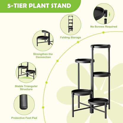 5 Tier Heavy Duty Metal Plant Stand for Indoor & Outdoor Use, Foldable Tall Corner Plant Shelf, Black Flower Pot Holder & Display Rack for Living Room, Balcony, Garden, & Patio