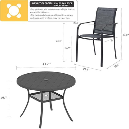 VICLLAX 5 Pieces Patio Dining Set, Outdoor Furniture Set Includes 41.2" Round Patio Table and 4 Patio Sling Chairs, Grey Tabletop and Dark Grey Fabric