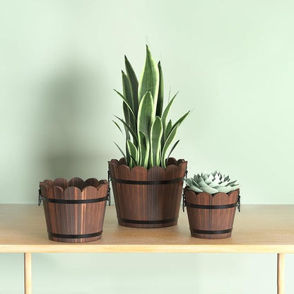 Wooden Bucket Barrel Planters, Rustic Patio Planters Flower Pots for Plants Indoor Décor, Set of 3