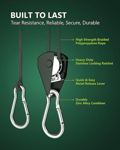 4-Pack 1/8" Adjustable Rope Hanger, Heavy Duty Ratchet Tie Down Strap with Reinforced Metal Gear, Ratcheting Pulley System Kayak Straps for Hanging Plants Grow Light and Various Tie-Down Uses