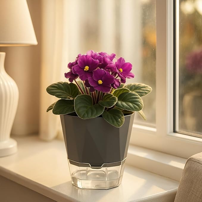 12 Pack Self Watering Pots for Indoor Plants, 5 Inches Self Watering Planters African Violet Self Watering Clear Pots for Plants Herb Orchid Flower Houseplant, Dark Grey