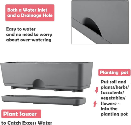 6 Pack Rectangle Planter 16x4.4 Inch Window Boxes Planters Rectangular Large Window Sill Planters Indoor Self Watering Plant Pots with Drainage Holes and Saucers Succulent Herb Flower Pots, Dark Grey
