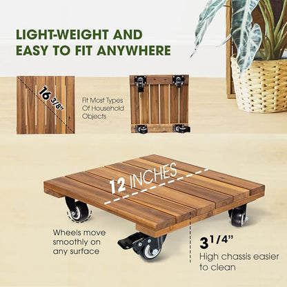 2pack Wood Plant Caddy With Wheels Heavy Duty, 264 Lbs Capacity, Upgraded 12 Inch Acacia Hardwood Plant Dolly, Plant Stand with 360° Lockable Wheels, Plant Caster for Heavy Objects Hauling - Natural Wood