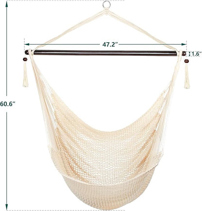 Bathonly Large Hammock Chair with Spreader Bar, Caribbean Hammock Swing Chair, XL Hammock Chair Outdoor Indoor, 330 LBS Weight Capacity, Beige