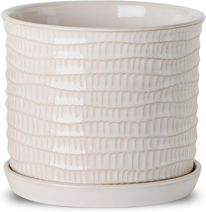 8 Inch Plant Pot: Ceramic Planter with Drainage Hole & Saucer for Indoor Outdoor Plants - Flowerpot with Bonded Tray for Home Office - Wave Embossed