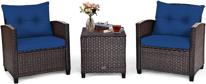 Tangkula 3 Pieces Patio Furniture Set, PE Rattan Wicker 3 Pcs Outdoor Sofa Set w/Washable Cushion and Tempered Glass Tabletop, Conversation Furniture for Garden Poolside Balcony (Blue)