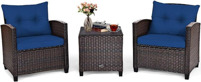 Tangkula 3 Pieces Patio Furniture Set, PE Rattan Wicker 3 Pcs Outdoor Sofa Set w/Washable Cushion and Tempered Glass Tabletop, Conversation Furniture for Garden Poolside Balcony (Blue)