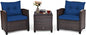 Tangkula 3 Pieces Patio Furniture Set, PE Rattan Wicker 3 Pcs Outdoor Sofa Set w/Washable Cushion and Tempered Glass Tabletop, Conversation Furniture for Garden Poolside Balcony (Blue)