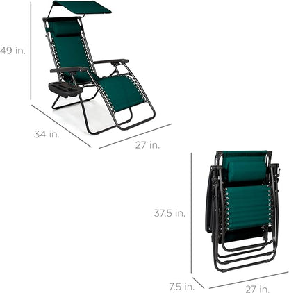 Best Choice Products Folding Zero Gravity Outdoor Recliner Patio Lounge Chair w/Adjustable Canopy Shade, Headrest, Side Accessory Tray, Textilene Mesh - Forest Green