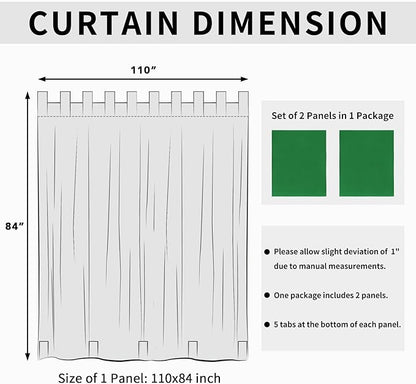 Easy-Going Outdoor Patio Curtains Detachable Tab Top Windproof Weatherproof Curtain for Cabana, Porch, Pergola and Gazebo, Tab Bottom Drape, 2 Panels, 110W x 84L inch, Green