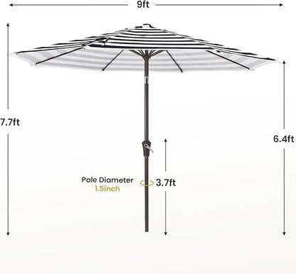 MEWAY 9ft Patio Umbrella Outdoor Table Umbrellas with Push Button Tilt and Crank, Market Umbrella 8 Sturdy Ribs for Deck, Garden, Pool and Backyard, Black-white-striped