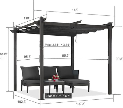 PURPLE LEAF 10' x 10' Aluminum Outdoor Pergola Wind-Resistant Retractable Pergola with Double Sun Shade Canopy Heavy-Duty Metal Pergola for Patios Backyard Deck Garden, Gray