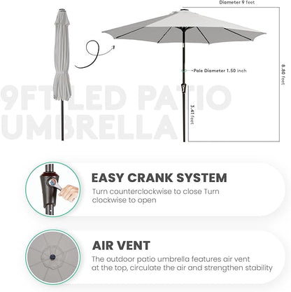 JEAREY 9FT Outdoor Patio Umbrella with Solar Lights, LED Lighted Pool Umbrella with Tilt and Crank, Outdoor Table Umbrellas for Deck, Yard & Market (Light Grey)
