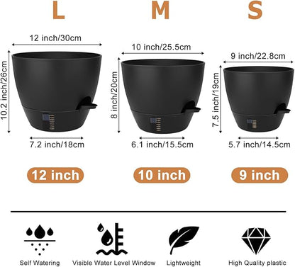 Self-Watering Plant Pots with Water Level Indicator, Drainage Holes & Saucers – 12/10/9 Inch Large Plastic Planter Set for Indoor & Outdoor Plants (Pure Black)