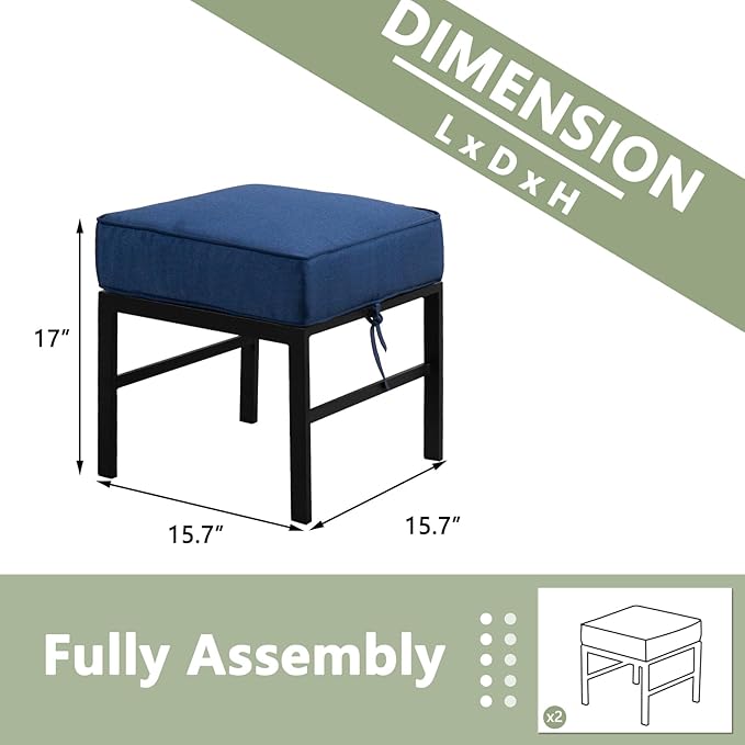 2 Pieces Outdoor Patio Ottomans, Assembled Aluminum Outdoor Ottoman with Blue Cushions, Aluminum Small Outdoor Foot Stools for Patio Porch Yard Garden Deck, Black Frame