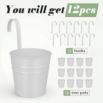 HowRU Hanging Flower Pots, Railing Planter Box for Outdoor Plants 12 Pack 5 Inch Metal Hanging Planters with Detachable Hooks Balcony Window Fence Garden Decoration Flower Boxes, White