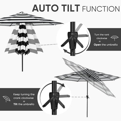 Tempera Patio Market Outdoor Table Umbrella with Auto Tilt and Crank, Large Sun Umbrella with Sturdy Pole & Fade Resistant Canopy, Easy to Set