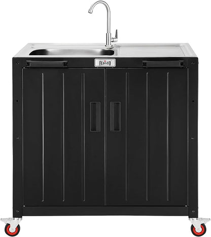 Outdoor Kitchen Island with Stainless Steel Sink and Storage Cabinet, 35-Inch BBQ Prep Station with Faucet & Lockable Wheels for Patio, Backyard, and Outdoor Cooking, Black & Silver