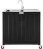 Outdoor Kitchen Island with Stainless Steel Sink and Storage Cabinet, 35-Inch BBQ Prep Station with Faucet & Lockable Wheels for Patio, Backyard, and Outdoor Cooking, Black & Silver