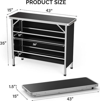 VINGLI 43" Portable Bar Table, 3-Tier Shelves, Mobile Bar Table for Events, Party, Camping, Picnic, Tradeshow, Indoor with Black Skirt (2, 43")