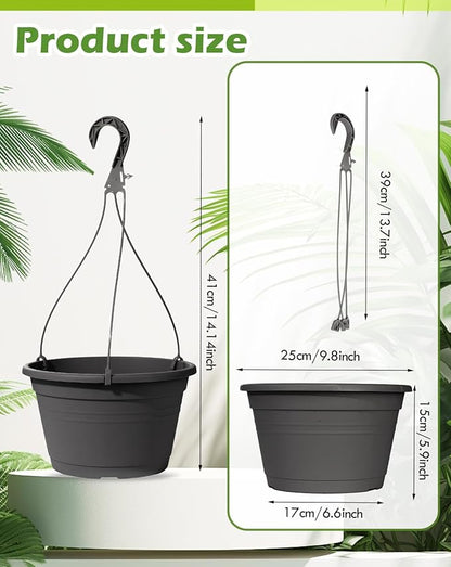 VIDELLY 4 Pcs Hanging Planters,10" Hanging Pots Plastic Hanging Flower Plant Basket with Drainage Trays & Chain Holder for Outdoor Indoor Plants Garden Balcony Decoration, Dark Gray