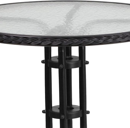 Flash Furniture Lila 28'' Round Glass Metal Table with Black Rattan Edging and 2 Black Rattan Stack Chairs