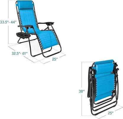 Best Choice Products Set of 2 Adjustable Steel Mesh Zero Gravity Lounge Chair Recliners w/Pillows and Cup Holder Trays - Light Blue