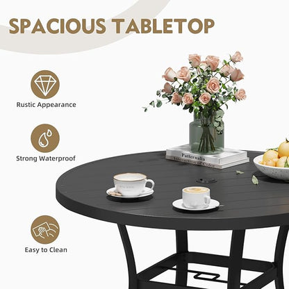 MELLCOM 42'' Round Outdoor Dining Table for 4, Metal Patio Dining Table with Umbrella Hole, All-Weather Black Table for Porch, Garden, Backyard, Poolside, Lawn