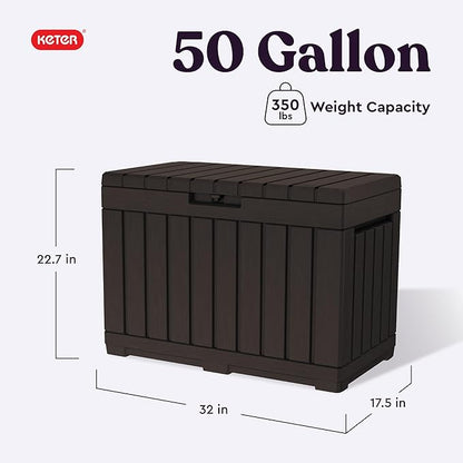 Keter Kentwood 50 Gallon Resin Deck Box for Outdoor Storage – Weather‑Resistant Balcony & Patio Box for Cushions, Throw Pillows & Garden Tools, Brown