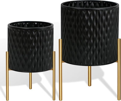 ARNIS Plants Pots with Stand, Large Size Flower Pots, Set of 2 Unique Mid Century Decorative Metal Flower Pots with Drainage,10.5&12.25 Inch, Black