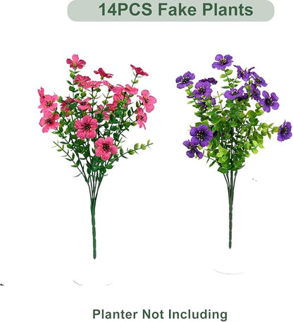 Artificial Flowers for Outdoor, UV Resistant Fake Silk Flowers, Realistic Faux Plants for Outside Indoor Porch Patio Window Box Planter Home Decor (14, Purple Rosy)