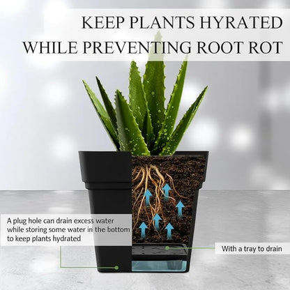 6-Pack 7'' Square Planters with Built-in Drainage Tray – Heavy-Duty Black Plastic Planter with Drainage Hole and Bottom Stopper, BPA-Free Plant Pots Matte Finish for Indoor Outdoor
