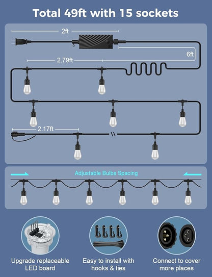 XMCOSY+ Outdoor String Lights Smart, 49Ft RGBCWIC Patio Lights Waterproof, App Control, Compatible with Alexa, Color Changing LED String Light for Outside Yard Garden Porch