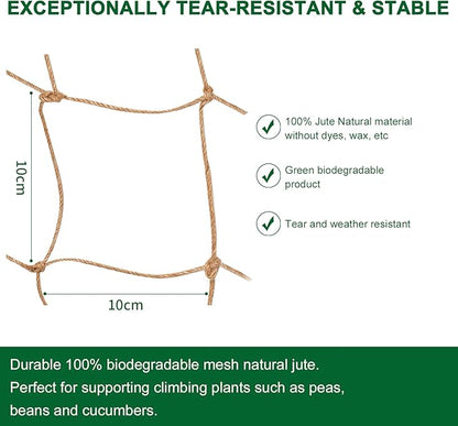Jute Trellis Netting - Jute Netting for Garden, Heavy Duty Plant Support Netting for Climbing Plants, Cucumber, Vine, Fruits & Vegetables, Climbing Vining Plants (3.3 Ft X 6.6 Ft, 3.9 Inch Squares)