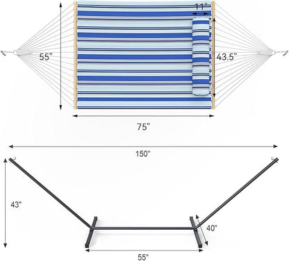 2 Person Outdoor Hammock with Stand, Cotton Rope Hammock with Polyester Pad, Adjustable Steel Frame, Portable with Carrying Bag – for Patio, Backyard, Garden, Beach, Blue Stripe