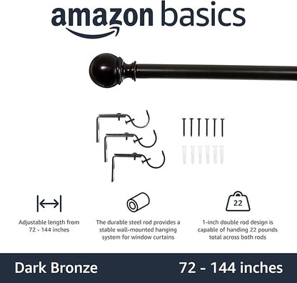 Amazon Basics Adjustable Sturdy Curtain Rod for Windows with Round Finials, Easy Install Hardware, 1-Inch Rod, 72" to 144", Dark Bronze, 1-Pack