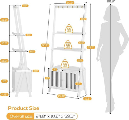 4-Tier Ladder Shelf with Drawers 59.5"H x 24.8"L x 10.6"W, Ladder Bookshelf with 6 Hooks, Tall Narrow Retro Bookcase, Freestanding Storage Shelf for Living Room, Home Office, Bedroom, White