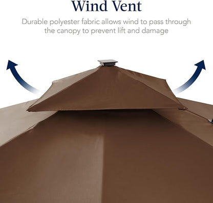 Best Choice Products 9x12ft LED Cantilever Patio Umbrella w/Base Included & 360° Rotation, Large Solar Offset Hanging Outdoor Sun Shade for Deck, Backyard Table w/Stand & Lights – Brown