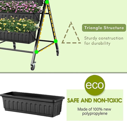 SEJOV 2 Pack Vertical Raised Garden Bed, 5-Tier Vertical Garden Planter with Drainage System, Larger Elevated Planter Box for Herbs Vegetables Flowers Indoor Outdoor (Black with Lockable Wheels